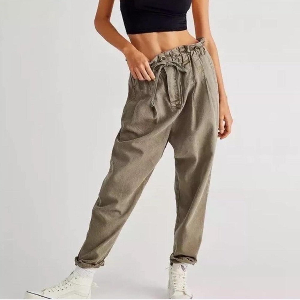 Free People Margate Pleated Drawstring Sugar Kelp Paper Bag Pants Xs